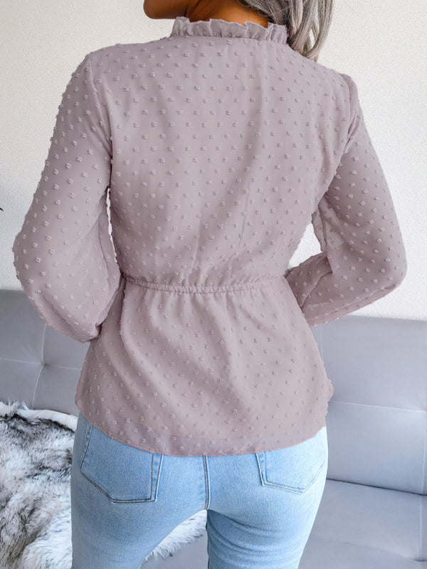 Blue Zone Planet | lantern long-sleeved ruffles tie waist polka dot chiffon blouse BLUE ZONE PLANET