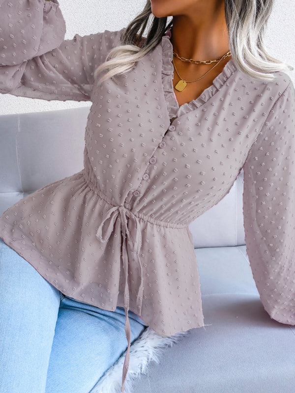 Blue Zone Planet | lantern long-sleeved ruffles tie waist polka dot chiffon blouse BLUE ZONE PLANET