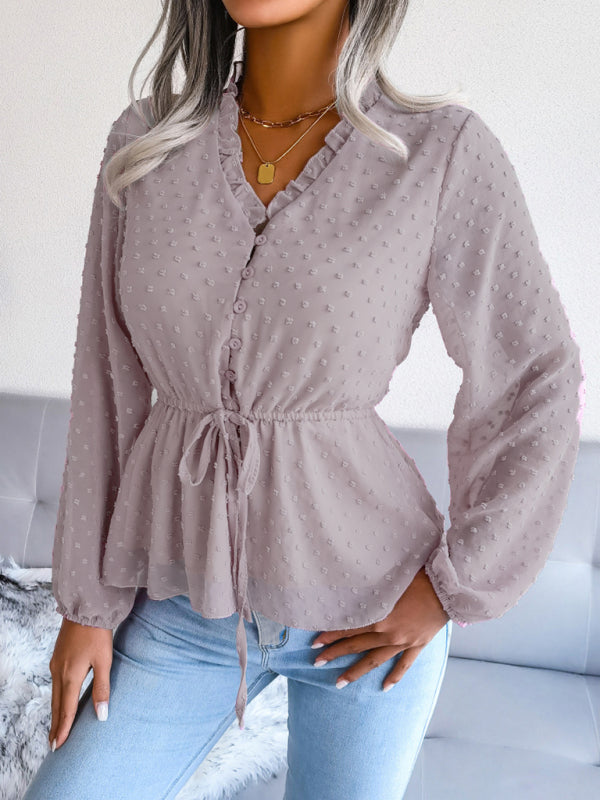 Blue Zone Planet | lantern long-sleeved ruffles tie waist polka dot chiffon blouse BLUE ZONE PLANET