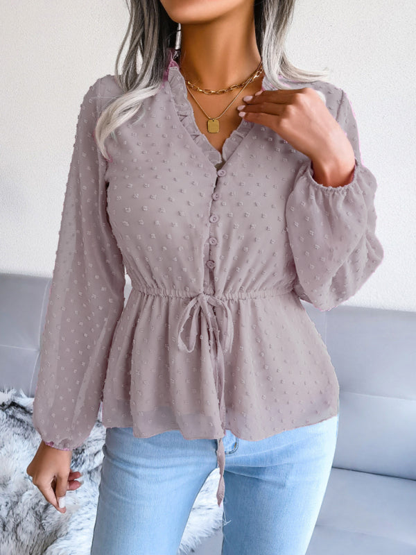 Blue Zone Planet | lantern long-sleeved ruffles tie waist polka dot chiffon blouse BLUE ZONE PLANET