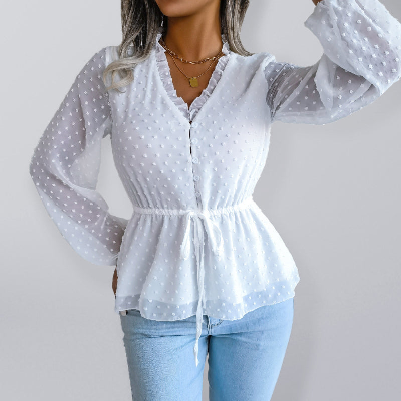 Blue Zone Planet | lantern long-sleeved ruffles tie waist polka dot chiffon blouse BLUE ZONE PLANET