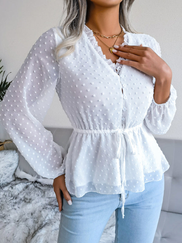 Blue Zone Planet | lantern long-sleeved ruffles tie waist polka dot chiffon blouse BLUE ZONE PLANET