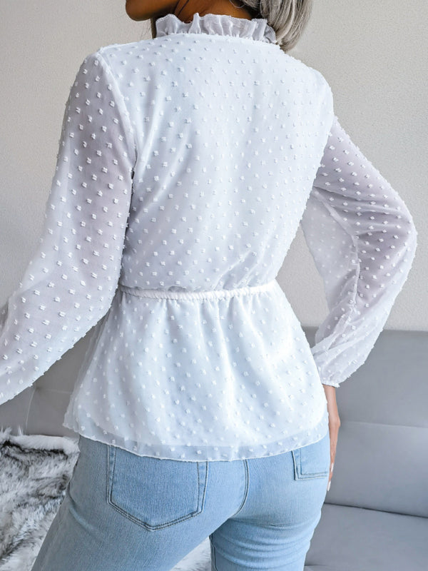 Blue Zone Planet | lantern long-sleeved ruffles tie waist polka dot chiffon blouse BLUE ZONE PLANET