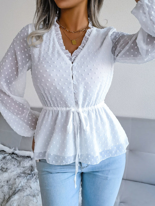 Blue Zone Planet | lantern long-sleeved ruffles tie waist polka dot chiffon blouse BLUE ZONE PLANET