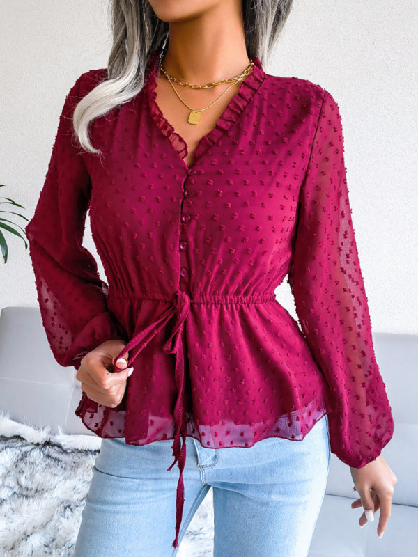 Blue Zone Planet | lantern long-sleeved ruffles tie waist polka dot chiffon blouse BLUE ZONE PLANET