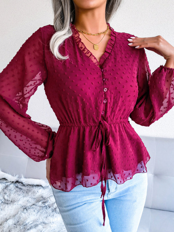 Blue Zone Planet | lantern long-sleeved ruffles tie waist polka dot chiffon blouse BLUE ZONE PLANET