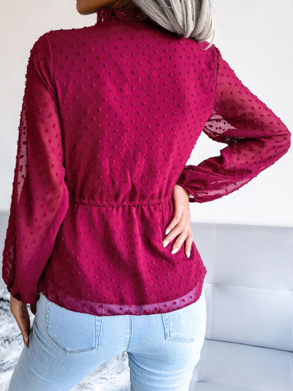 Blue Zone Planet | lantern long-sleeved ruffles tie waist polka dot chiffon blouse BLUE ZONE PLANET