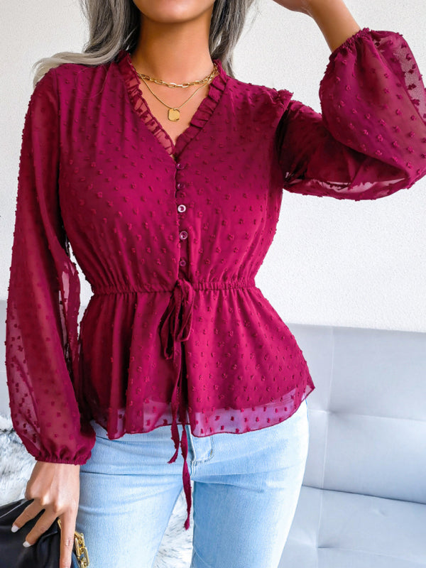 Blue Zone Planet | lantern long-sleeved ruffles tie waist polka dot chiffon blouse BLUE ZONE PLANET