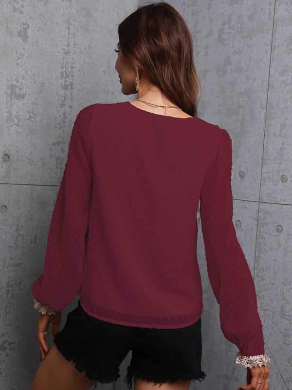 Chiffon solid color stitching lace long-sleeved shirt commuting top BLUE ZONE PLANET