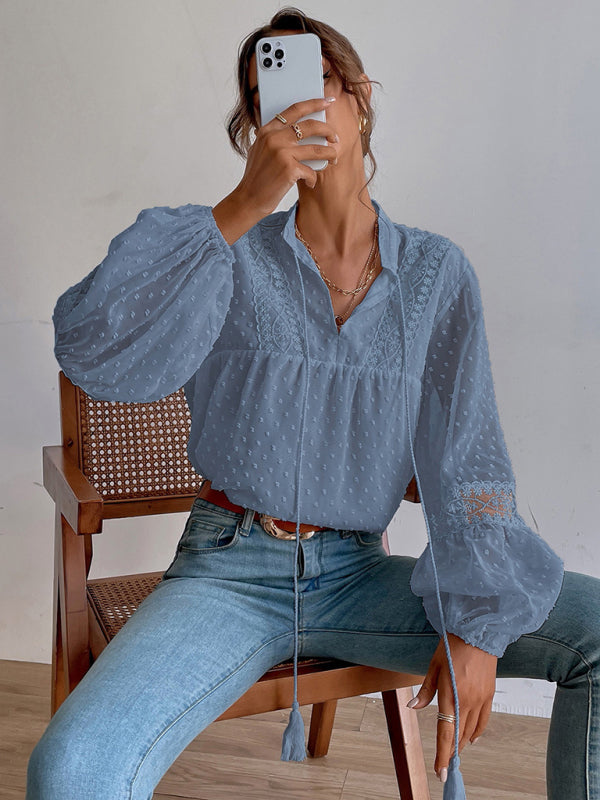 Blue Zone Planet | Polka Dot Chiffon Lace Panel Loose Commuting Blouse BLUE ZONE PLANET