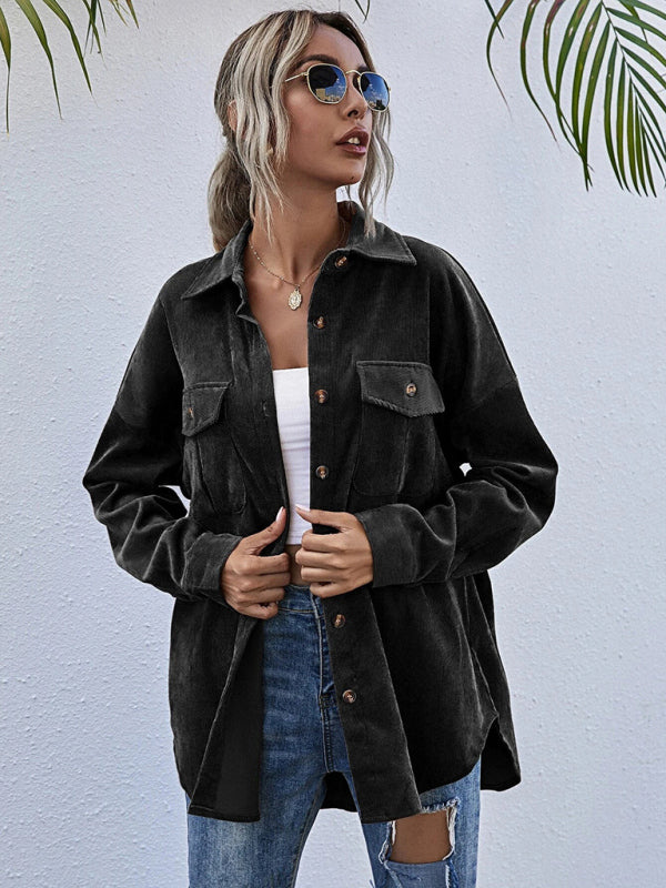 Blue Zone Planet |  Corduroy Shirt Lapel Long Sleeve Loose Jacket BLUE ZONE PLANET