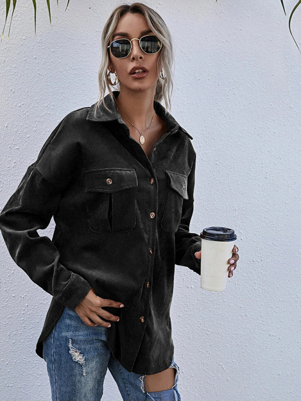 Blue Zone Planet |  Corduroy Shirt Lapel Long Sleeve Loose Jacket BLUE ZONE PLANET