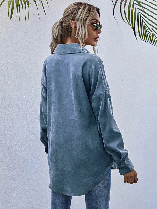 Blue Zone Planet |  Corduroy Shirt Lapel Long Sleeve Loose Jacket BLUE ZONE PLANET