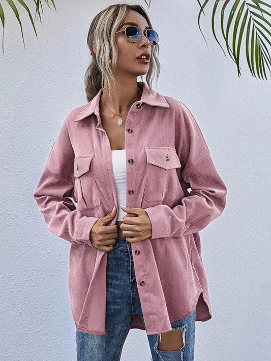 Blue Zone Planet |  Corduroy Shirt Lapel Long Sleeve Loose Jacket BLUE ZONE PLANET