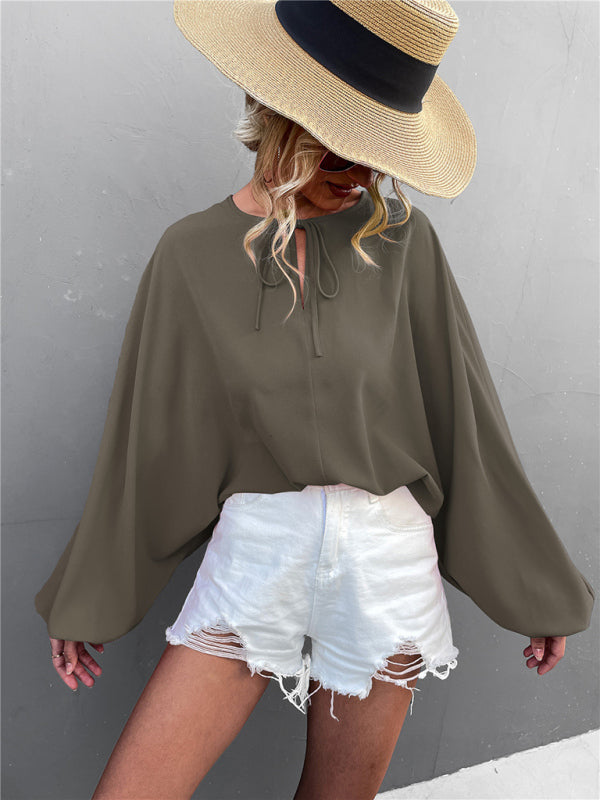 Blue Zone Planet | Woven Balloon Sleeve Tie V-Neck Loose Shirt BLUE ZONE PLANET