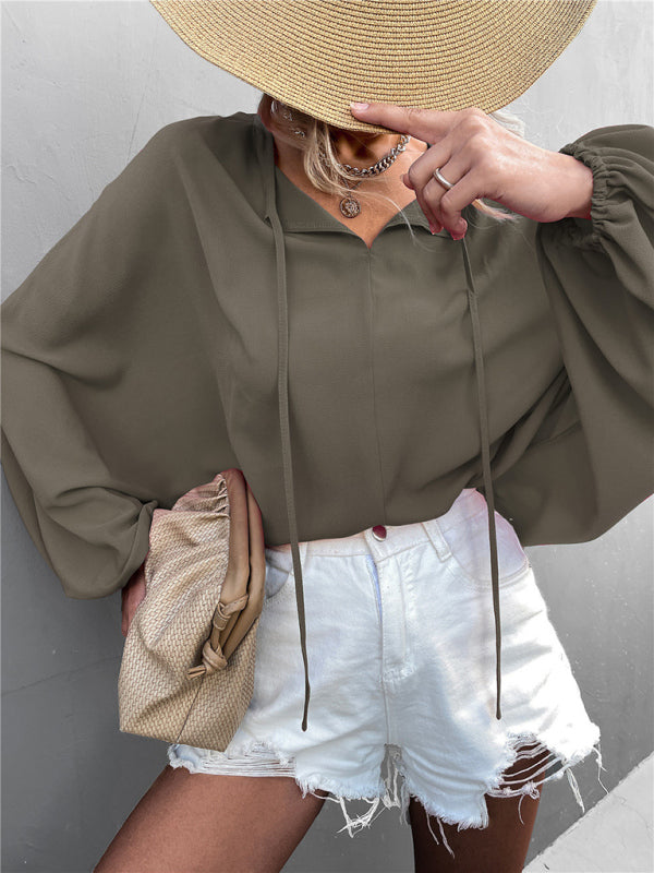 Blue Zone Planet | Woven Balloon Sleeve Tie V-Neck Loose Shirt BLUE ZONE PLANET