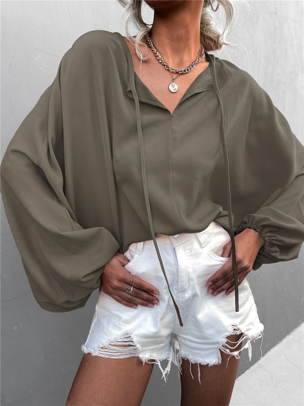 Blue Zone Planet | Woven Balloon Sleeve Tie V-Neck Loose Shirt BLUE ZONE PLANET