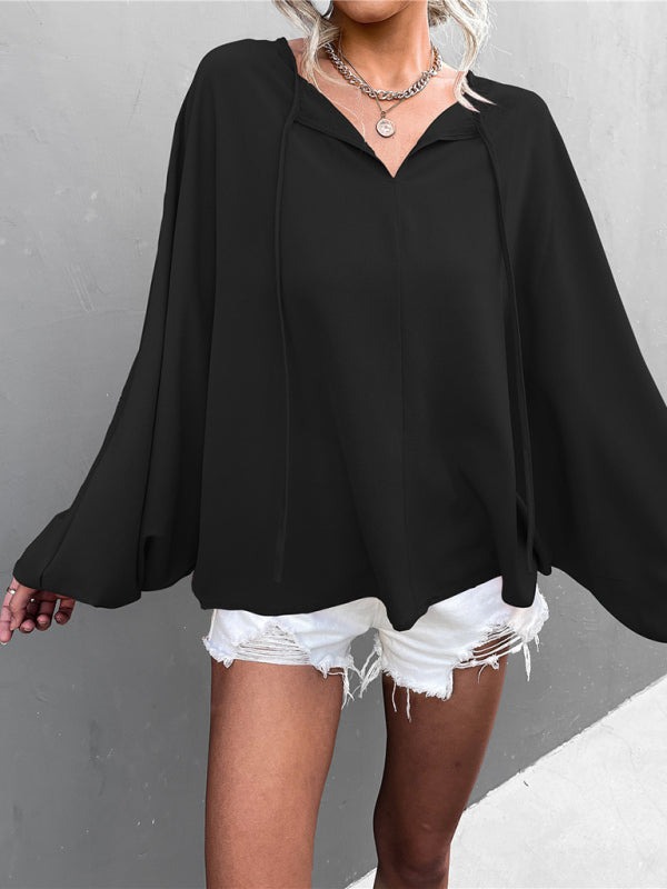 Blue Zone Planet | Woven Balloon Sleeve Tie V-Neck Loose Shirt BLUE ZONE PLANET
