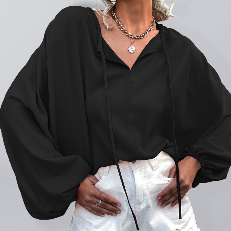 Blue Zone Planet | Woven Balloon Sleeve Tie V-Neck Loose Shirt BLUE ZONE PLANET
