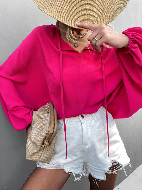 Blue Zone Planet | Woven Balloon Sleeve Tie V-Neck Loose Shirt BLUE ZONE PLANET
