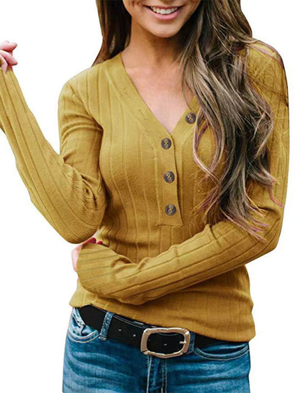 Clothing V Neck Button Solid Color Long Sleeve Knitted Sweater T-Shirt BLUE ZONE PLANET