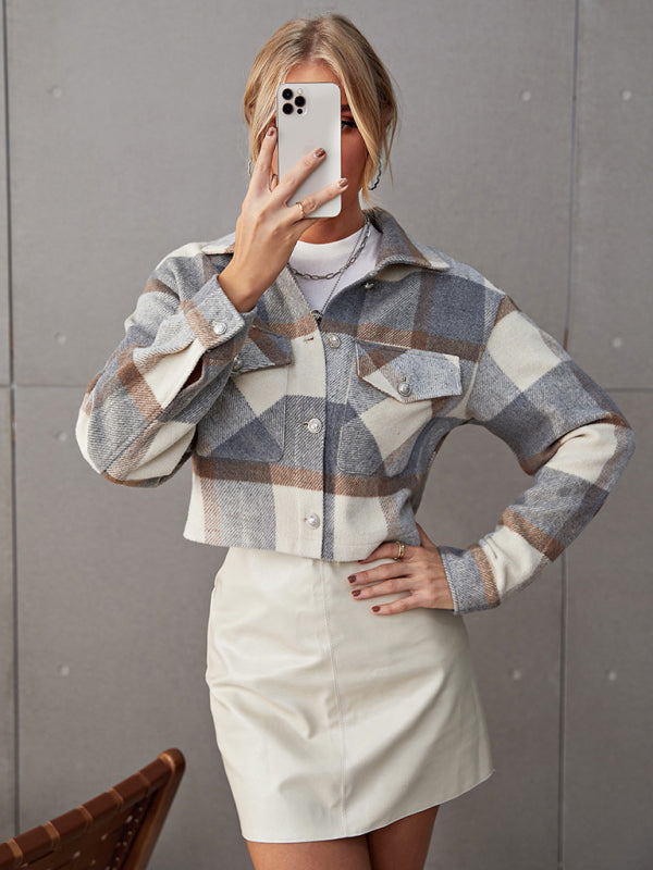 Blue Zone Planet | Lapel single-breasted shirt type commuter women's woolen short coat BLUE ZONE PLANET