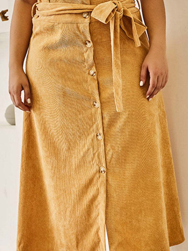 Blue Zone Planet | Plus Size Slim High Waist Corduroy Belt Single Breasted A Line Skirt BLUE ZONE PLANET
