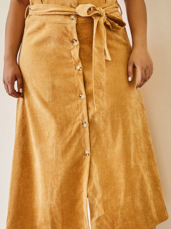 Blue Zone Planet | Plus Size Slim High Waist Corduroy Belt Single Breasted A Line Skirt BLUE ZONE PLANET