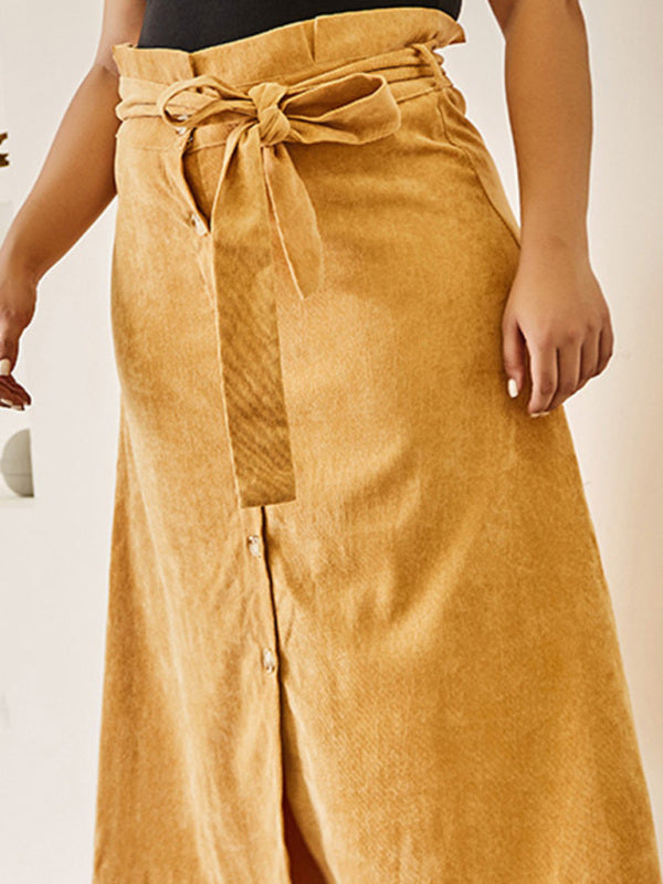 Blue Zone Planet | Plus Size Slim High Waist Corduroy Belt Single Breasted A Line Skirt BLUE ZONE PLANET