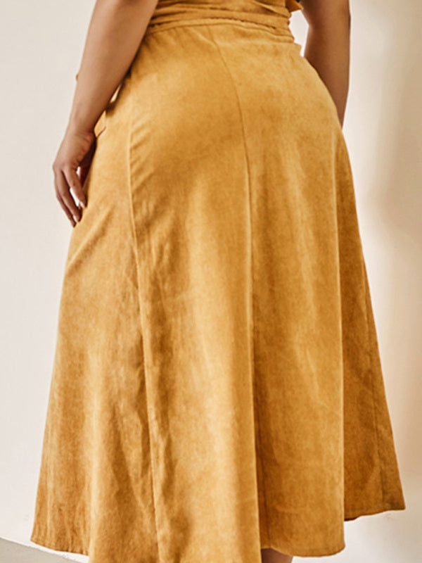 Blue Zone Planet | Plus Size Slim High Waist Corduroy Belt Single Breasted A Line Skirt BLUE ZONE PLANET