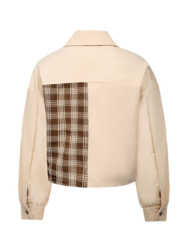 Blue Zone Planet | Women's Short Loose Stitching Plaid Woven Jacket BLUE ZONE PLANET