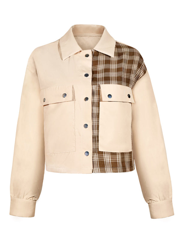 Blue Zone Planet | Women's Short Loose Stitching Plaid Woven Jacket BLUE ZONE PLANET