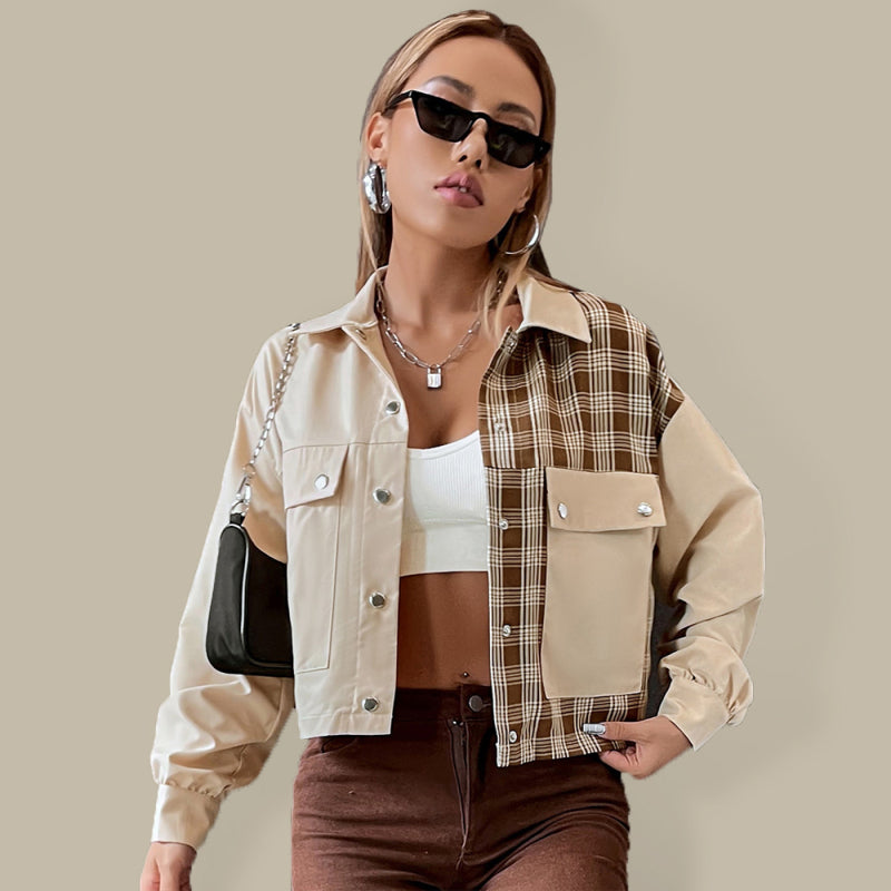 Blue Zone Planet | Women's Short Loose Stitching Plaid Woven Jacket BLUE ZONE PLANET