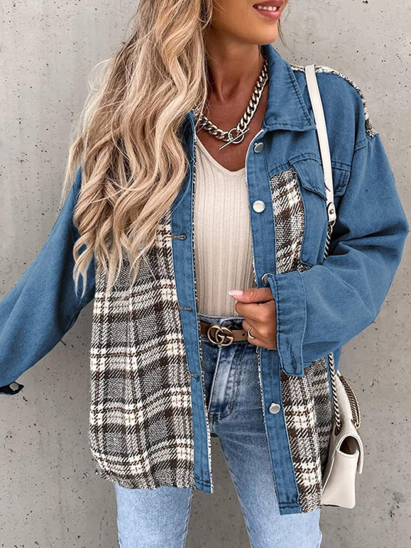 Blue Zone Planet | Denim Jacket Long Sleeve Check Button Down Shirt Jacket Top BLUE ZONE PLANET