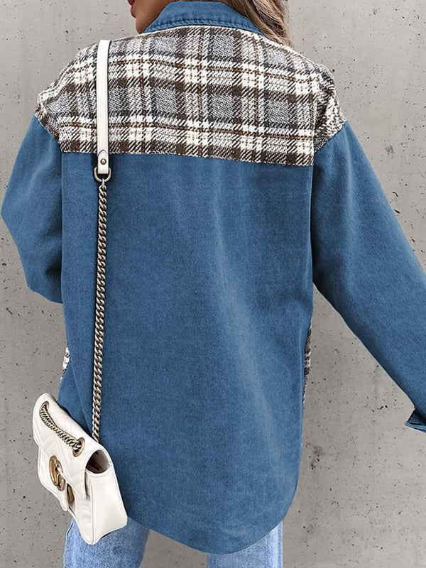 Blue Zone Planet | Denim Jacket Long Sleeve Check Button Down Shirt Jacket Top BLUE ZONE PLANET
