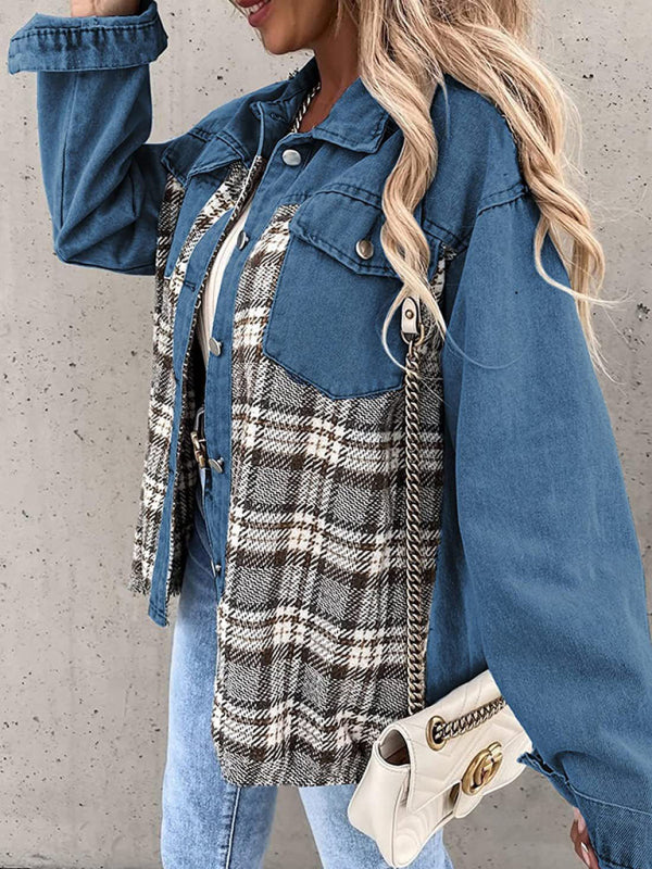 Blue Zone Planet | Denim Jacket Long Sleeve Check Button Down Shirt Jacket Top BLUE ZONE PLANET