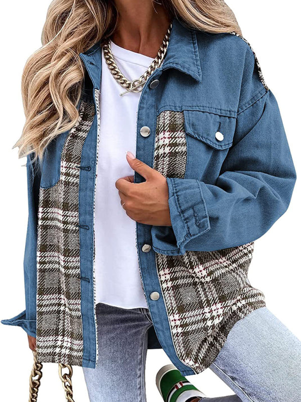 Blue Zone Planet | Denim Jacket Long Sleeve Check Button Down Shirt Jacket Top BLUE ZONE PLANET