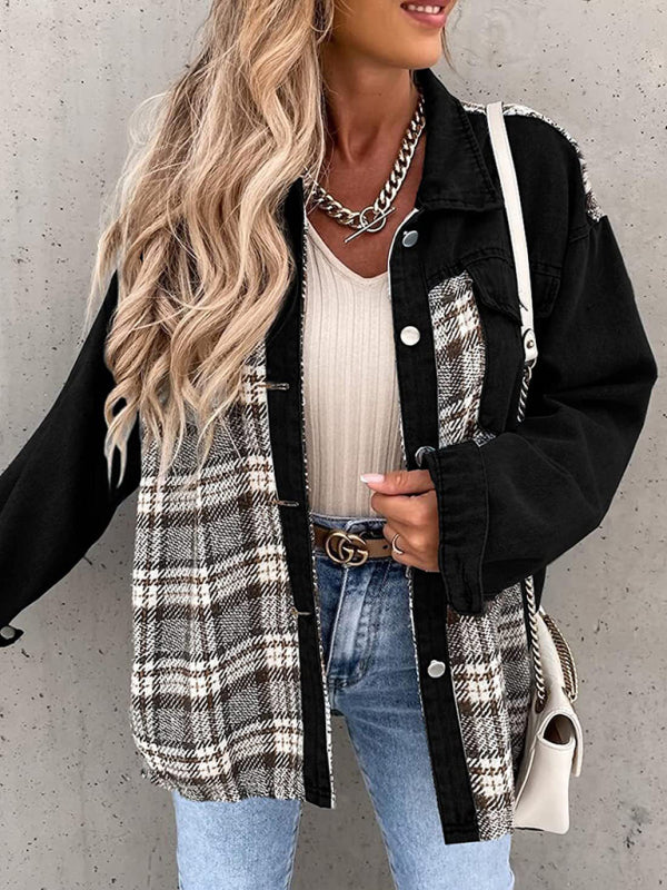 Blue Zone Planet | Denim Jacket Long Sleeve Check Button Down Shirt Jacket Top BLUE ZONE PLANET