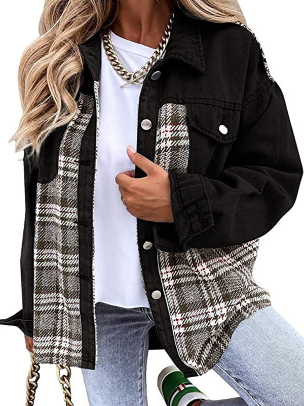 Blue Zone Planet | Denim Jacket Long Sleeve Check Button Down Shirt Jacket Top BLUE ZONE PLANET