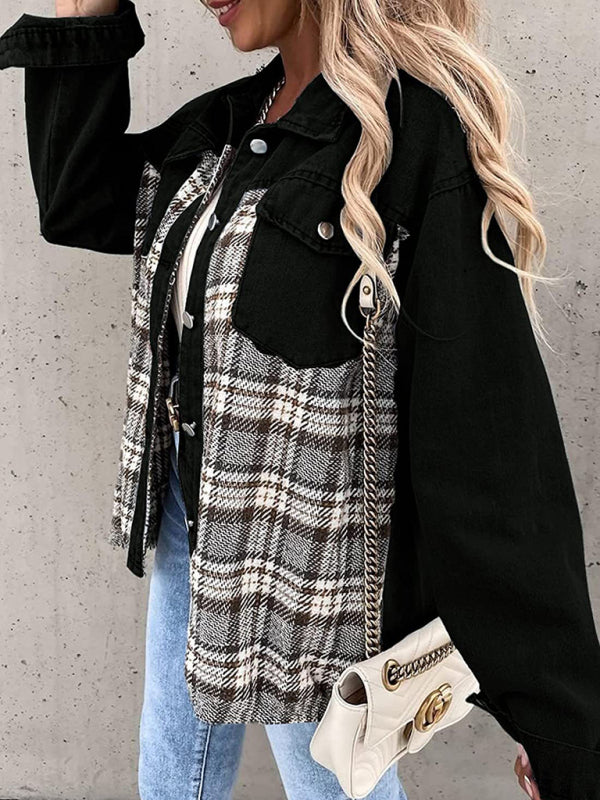 Blue Zone Planet | Denim Jacket Long Sleeve Check Button Down Shirt Jacket Top BLUE ZONE PLANET
