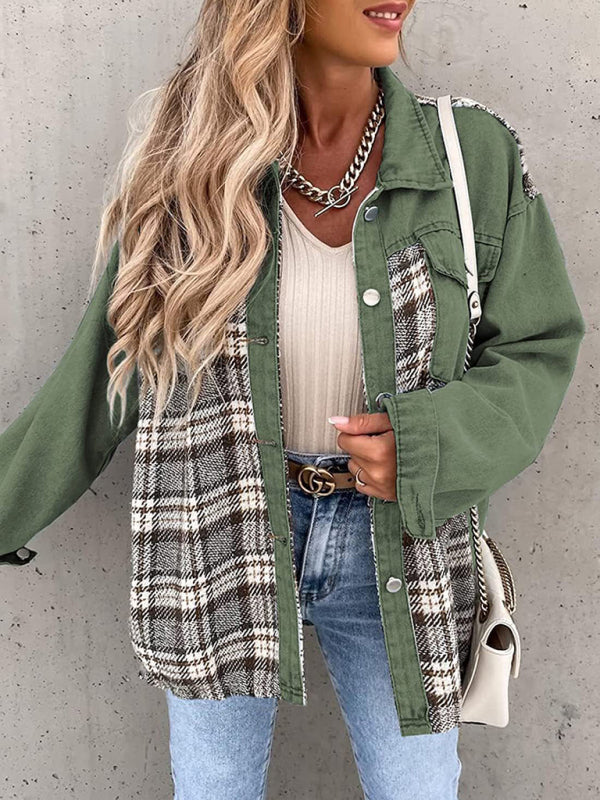 Blue Zone Planet | Denim Jacket Long Sleeve Check Button Down Shirt Jacket Top BLUE ZONE PLANET