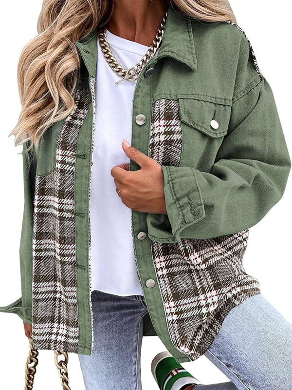 Blue Zone Planet | Denim Jacket Long Sleeve Check Button Down Shirt Jacket Top BLUE ZONE PLANET