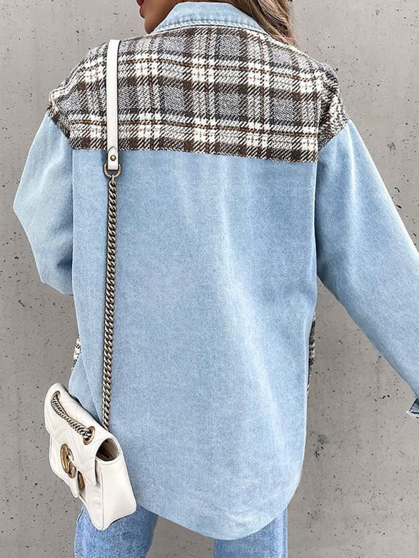 Blue Zone Planet | Denim Jacket Long Sleeve Check Button Down Shirt Jacket Top BLUE ZONE PLANET