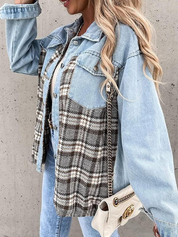 Blue Zone Planet | Denim Jacket Long Sleeve Check Button Down Shirt Jacket Top BLUE ZONE PLANET