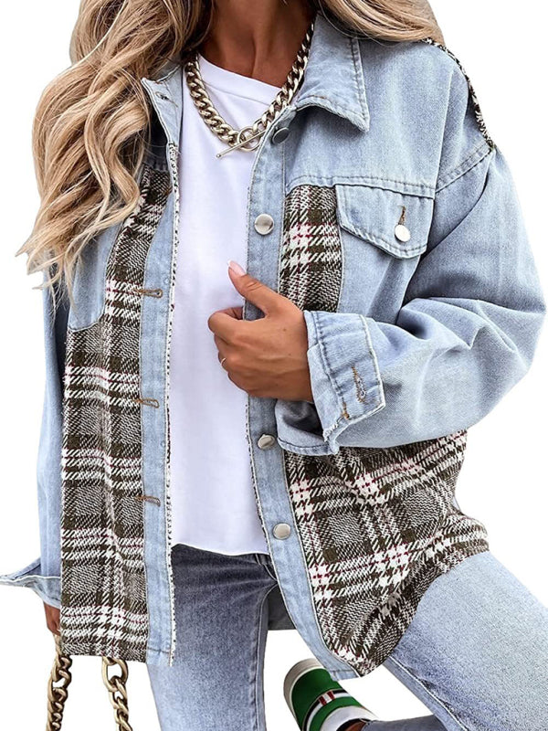 Blue Zone Planet | Denim Jacket Long Sleeve Check Button Down Shirt Jacket Top BLUE ZONE PLANET