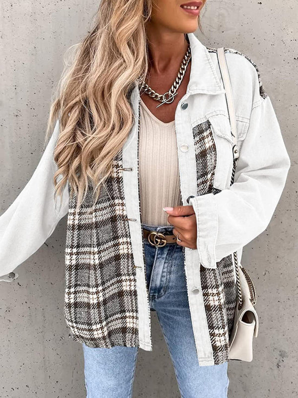 Blue Zone Planet | Denim Jacket Long Sleeve Check Button Down Shirt Jacket Top BLUE ZONE PLANET
