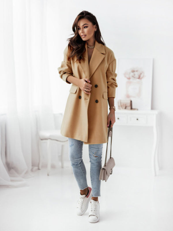 Blue Zone Planet | Long sleeve suit collar double breasted woolen coat style BLUE ZONE PLANET