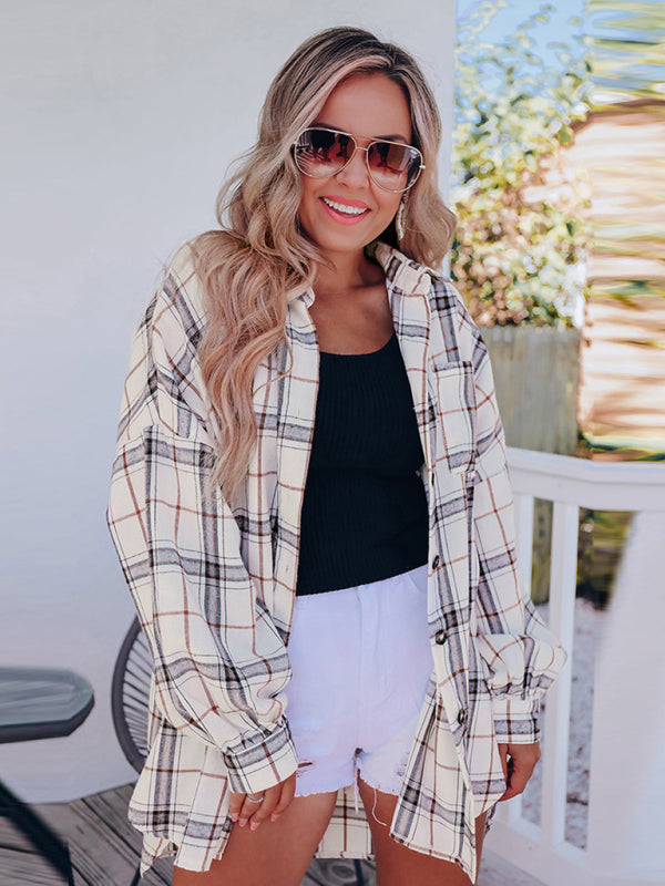 Blue Zone Planet | checkered long-sleeved shirt Hip-covering loose cardigan All-match shirt BLUE ZONE PLANET