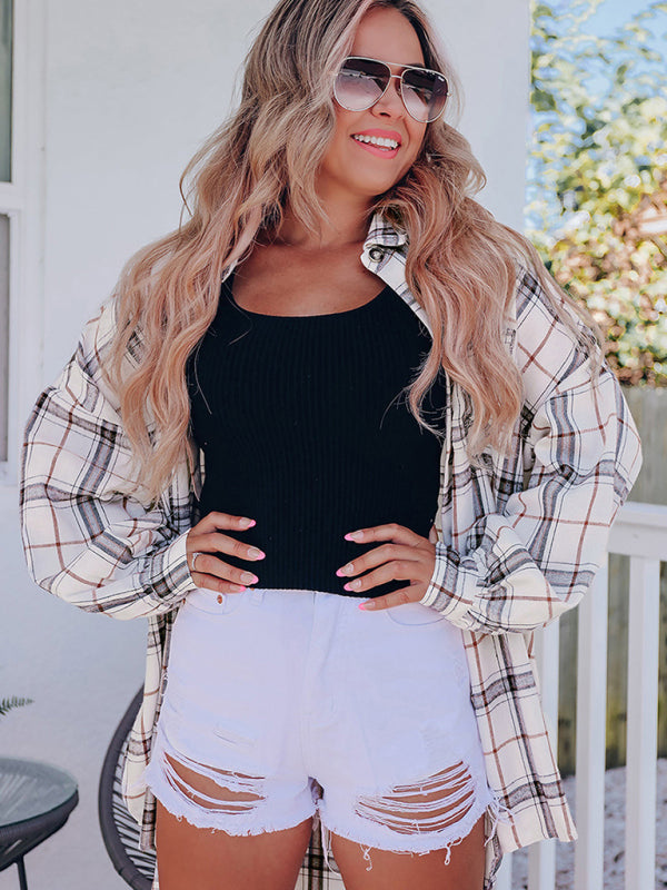 Blue Zone Planet | checkered long-sleeved shirt Hip-covering loose cardigan All-match shirt BLUE ZONE PLANET