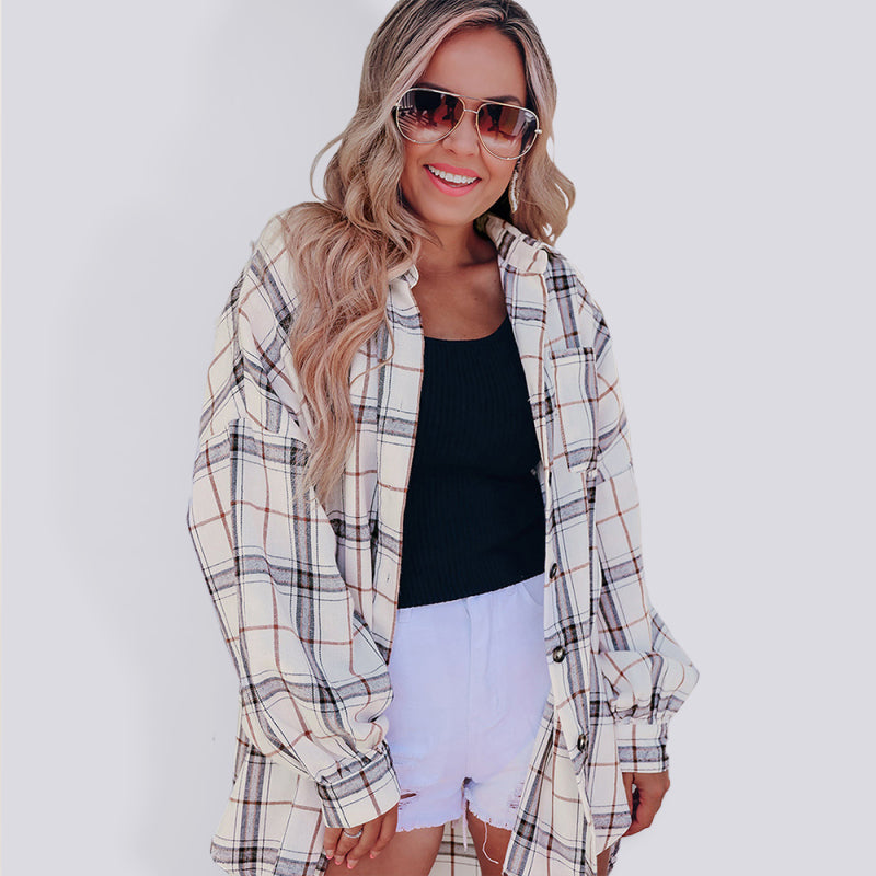 Blue Zone Planet | checkered long-sleeved shirt Hip-covering loose cardigan All-match shirt BLUE ZONE PLANET